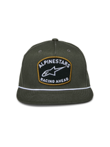 Alpinestars Promptus Snapback Hat, Military Green, structured crown with flat bill, large front patch with white 'Alpinestars Racing Ahead' embroidery and gold border, white braided rope detail, casual motorsport headwear