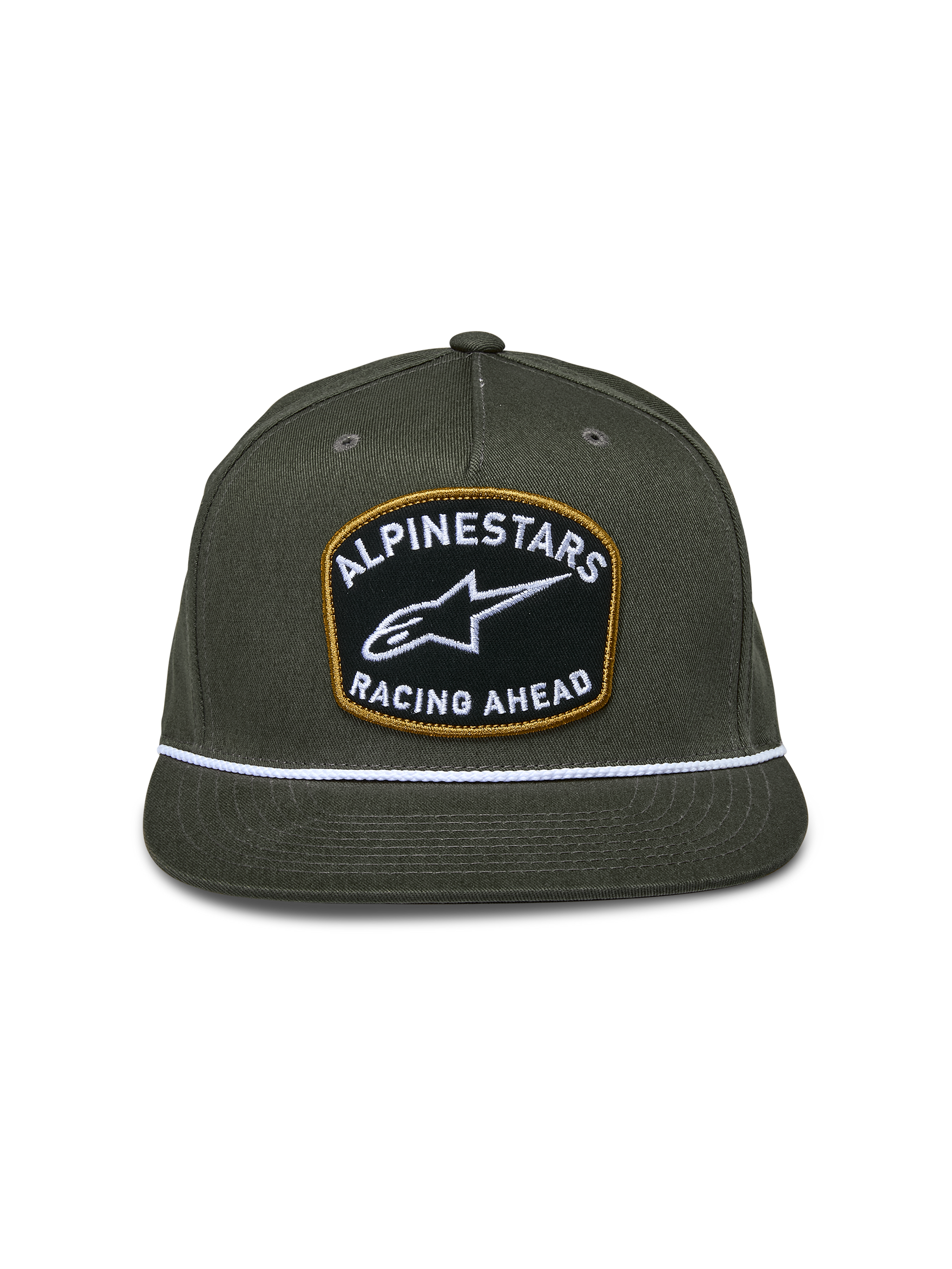 Alpinestars Promptus Snapback Hat, Military Green, structured crown with flat bill, large front patch with white 'Alpinestars Racing Ahead' embroidery and gold border, white braided rope detail, casual motorsport headwear