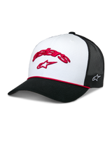 Alpinestars Agree Trucker Hat, White and Black, red embroidered Astars logo on front white panel, black mesh back, structured curved black brim with red braided rope detail, casual motorsport headwear
