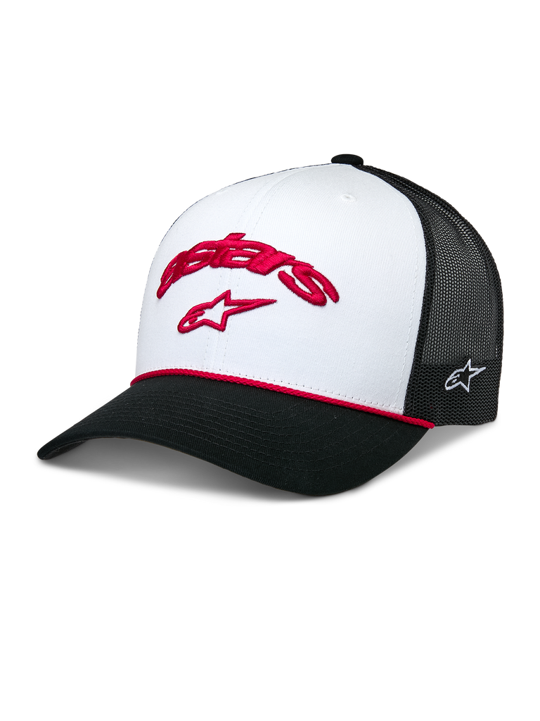 Alpinestars Agree Trucker Hat, White and Black, red embroidered Astars logo on front white panel, black mesh back, structured curved black brim with red braided rope detail, casual motorsport headwear