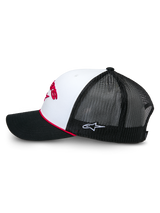 Alpinestars Agree Trucker Hat, side view, White and Black, White front panel with red embroidery, Black mesh back with small white logo, black curved bill with red braided rope accent, casual motorsport headwear