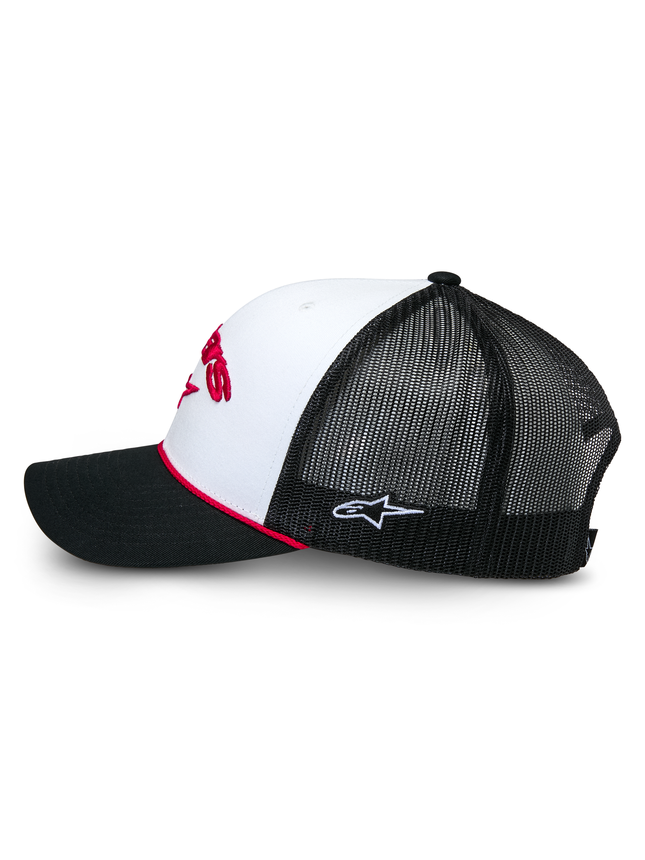 Alpinestars Agree Trucker Hat, side view, White and Black, White front panel with red embroidery, Black mesh back with small white logo, black curved bill with red braided rope accent, casual motorsport headwear