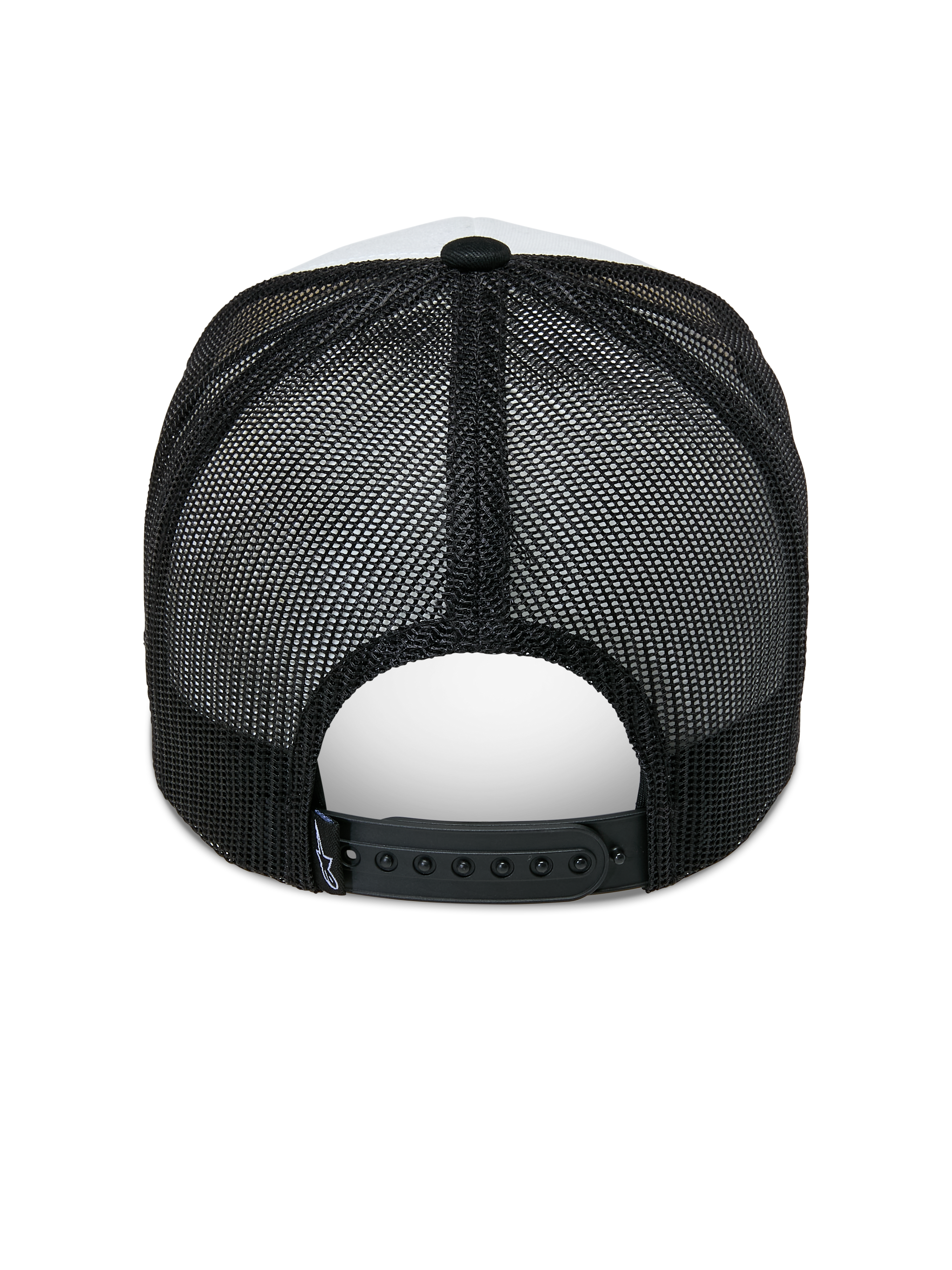 Alpinestars Agree Trucker Hat, back view, White and Black, featuring breathable black mesh panels and adjustable snapback closure, casual sportswear headwear