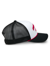 Alpinestars Agree Trucker Hat, side view, white front panel with black mesh back and black bill, red braided rope accent, red embroidered Astars logo, casual motorsport headwear
