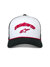 Alpinestars Agree Trucker Hat, White front crown and Black mesh back, Curved Black bill with Red braided rope, Red Astars curved embroidery and red star logo, Casual motorsport headwear