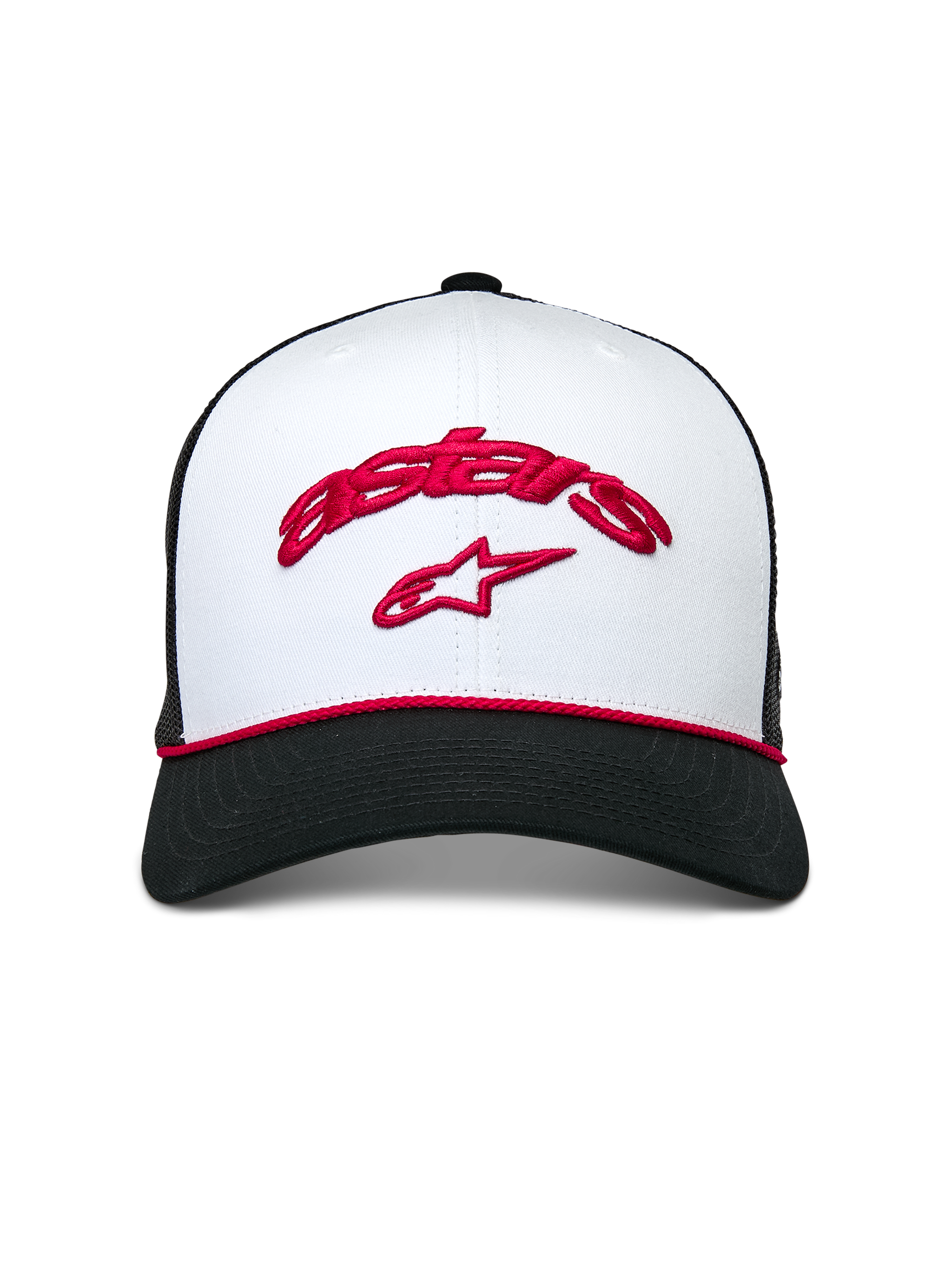 Alpinestars Agree Trucker Hat, White front crown and Black mesh back, Curved Black bill with Red braided rope, Red Astars curved embroidery and red star logo, Casual motorsport headwear