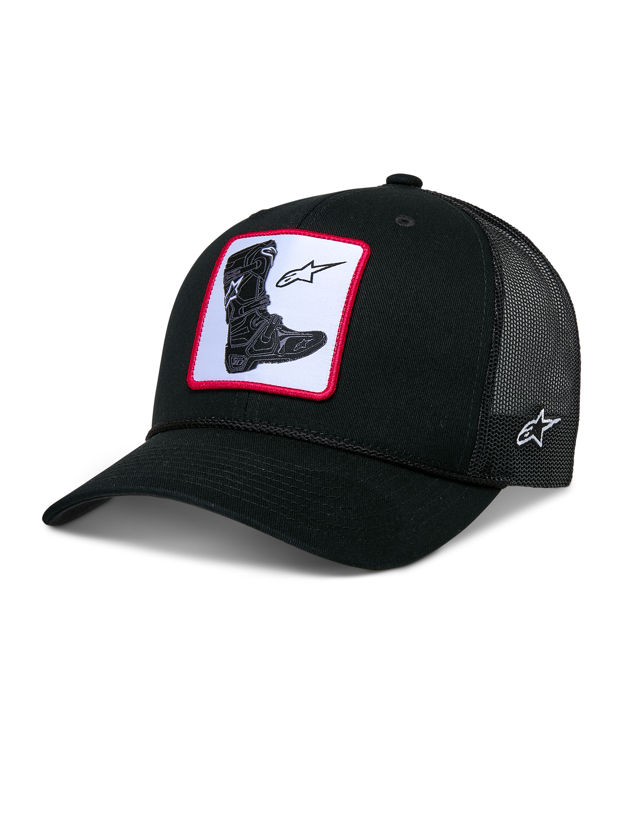 Alpinestars Booted Trucker Hat, black trucker cap, featuring a front woven Tech Boot patch with a red border, poly mesh back with white side logo embroidery, curved bill with braided rope trim, casual motorsport-inspired headwear