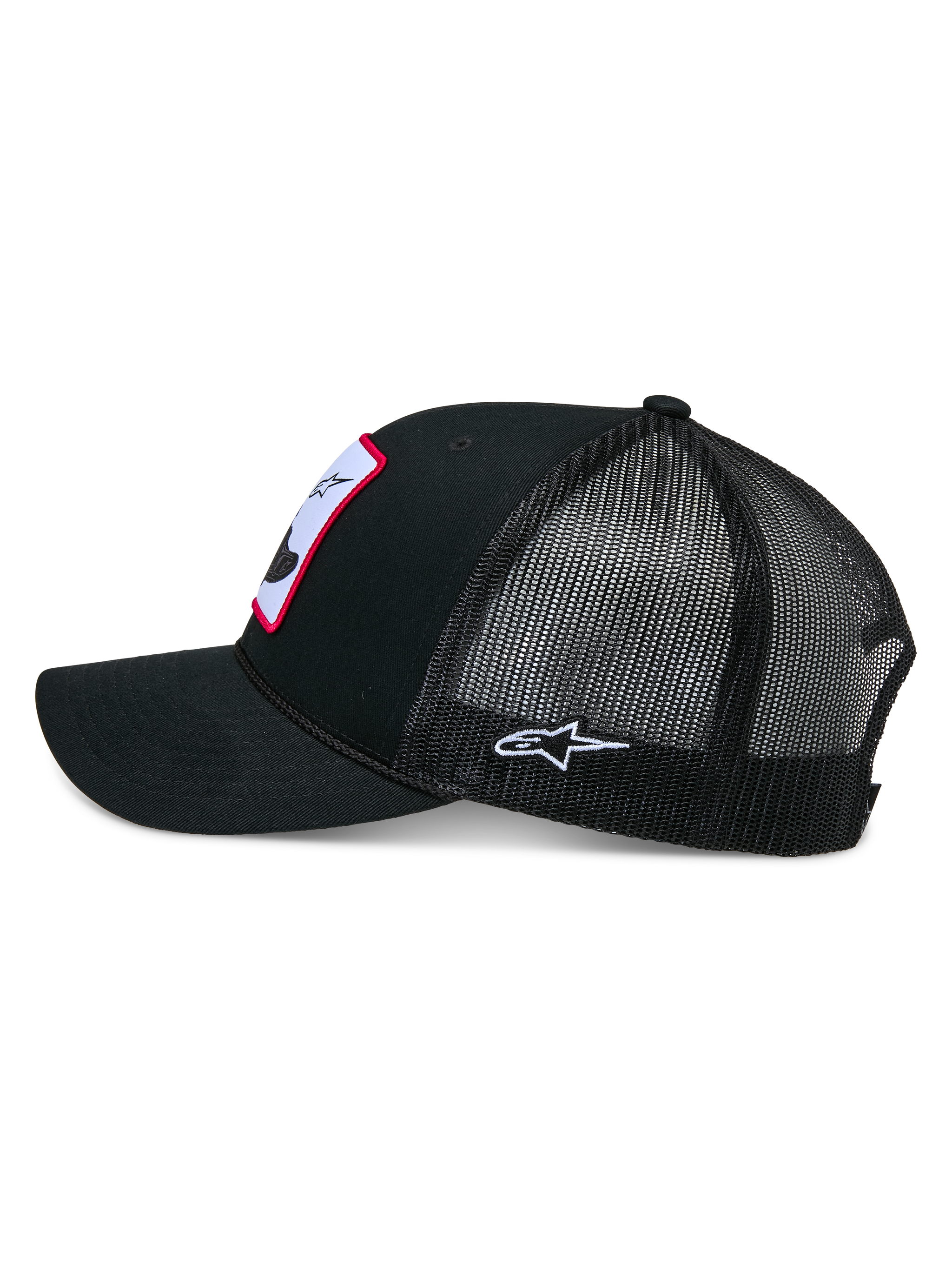 Alpinestars Booted Trucker Hat, Trucker Cap, Black, side profile showing mesh back and curved bill, braided rope trim, embroidered side logo, casual motorsport headwear
