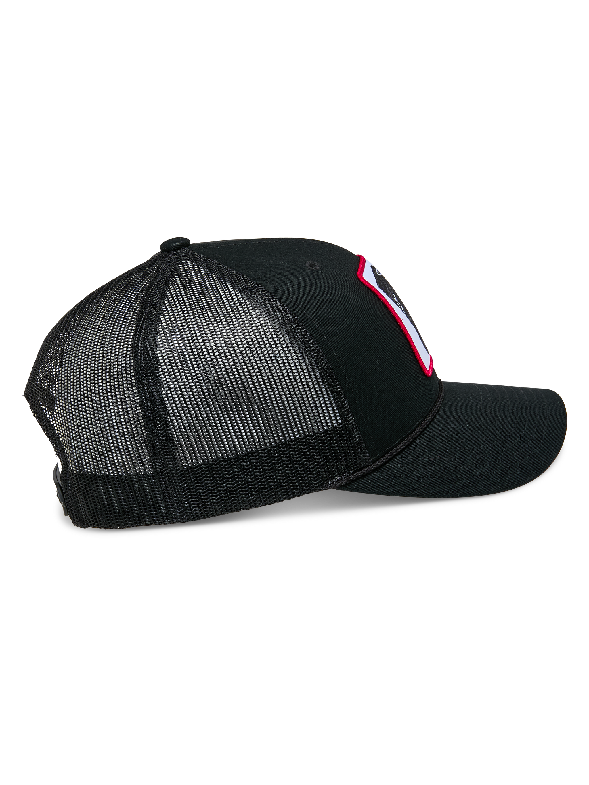 Alpinestars Booted Trucker Hat, black mesh-back snapback cap, side view highlighting the breathable poly mesh, braided rope trim, and curved bill, casual motorsport headwear