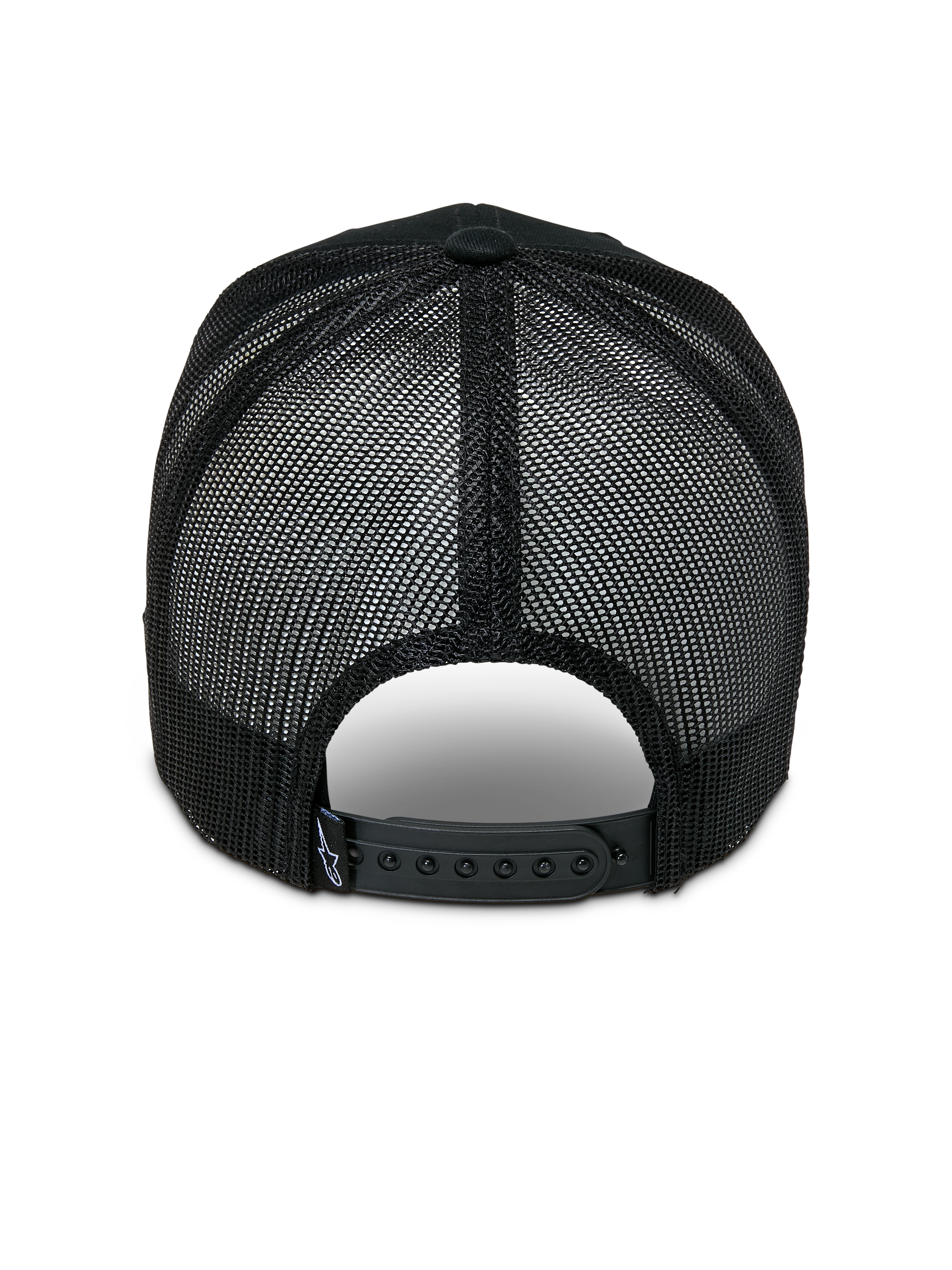 Alpinestars Booted Trucker Hat, rear view, black poly mesh back for ventilation, adjustable snapback closure with small logo detail, casual motorsport-inspired headwear