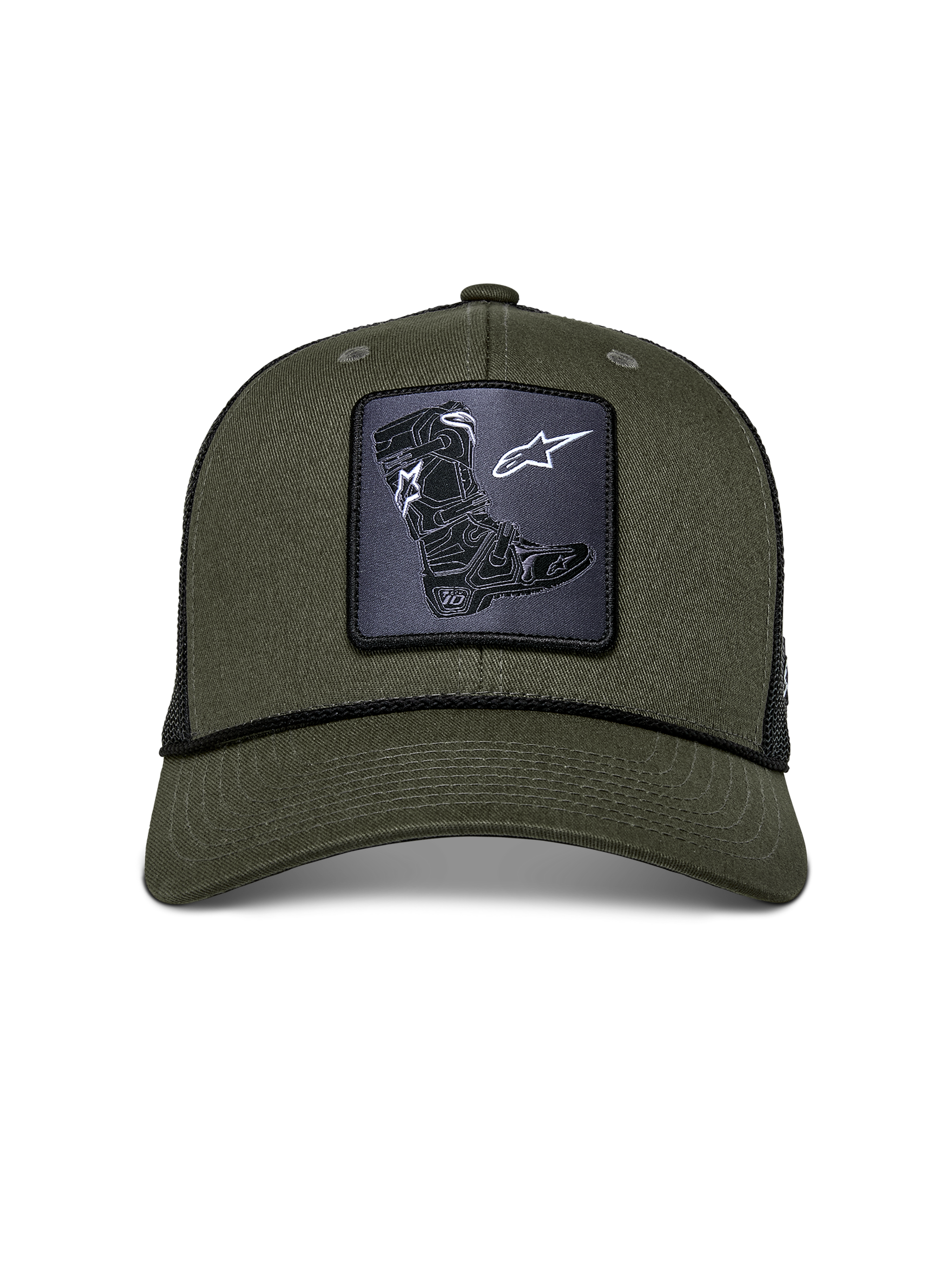 Alpinestars Booted Trucker Hat, Military Green and Black, featuring a front Tech Boot woven patch, curved bill with black braided rope trim, structured cotton twill front and breathable mesh back, casual motorsport headwear