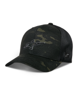 Recon Camo Trucker Hat, Alpinestars Unisex Baseball Cap, Dark Green Camouflage Front Panel with Black Mesh Back, Curved Brim, White Embroidered Logo, Ventilated Design