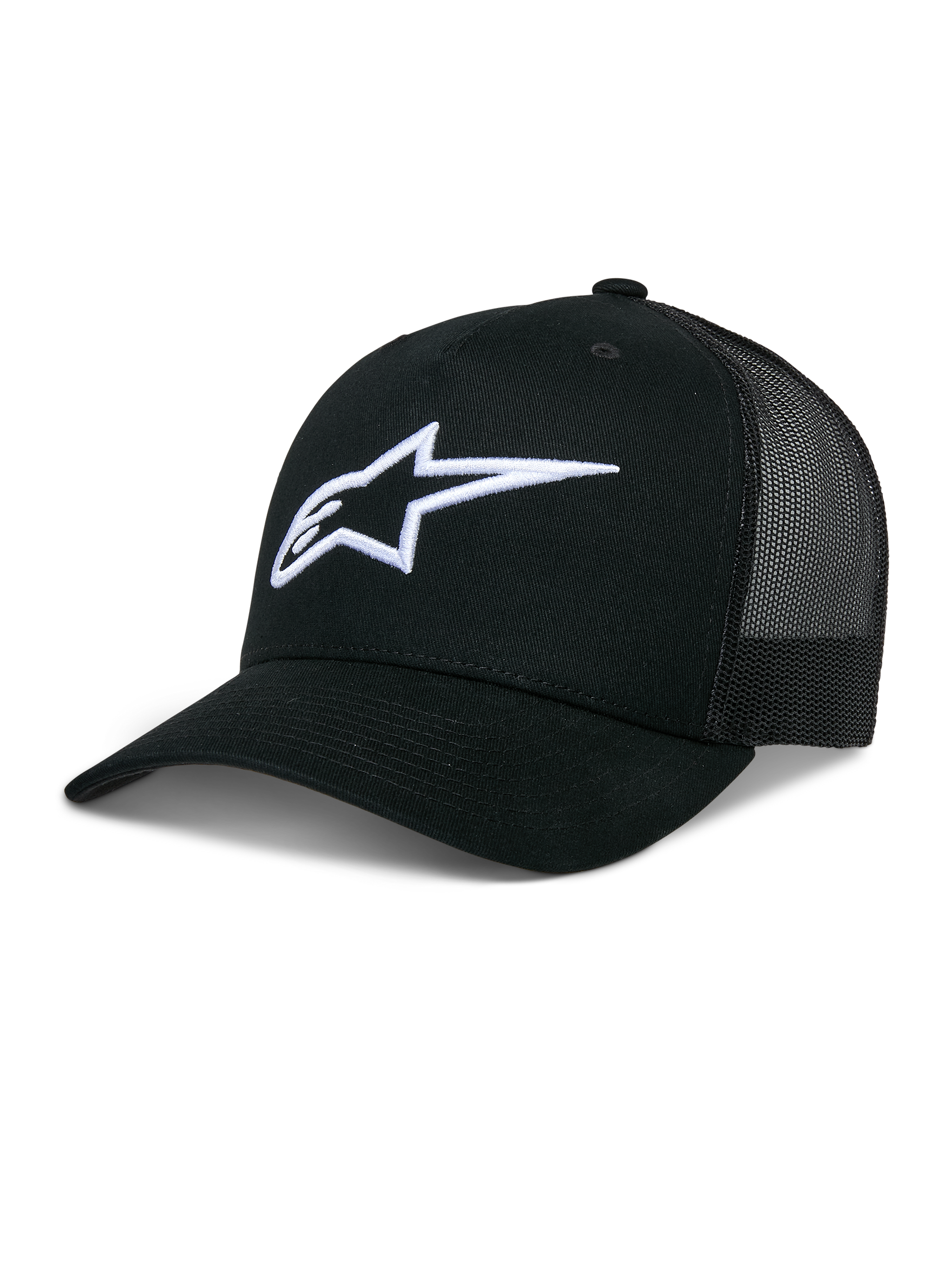 Alpinestars Ageless Trucker Hat, Black mesh-back baseball cap, White 3D embroidered Astars logo, Structured crown and curved brim, Casual lifestyle headwear