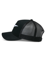 Alpinestars Ageless Trucker Hat, Black, side profile view, structured cotton twill front with white embroidered Astars logo, breathable black mesh back, curved bill, casual motorsport headwear