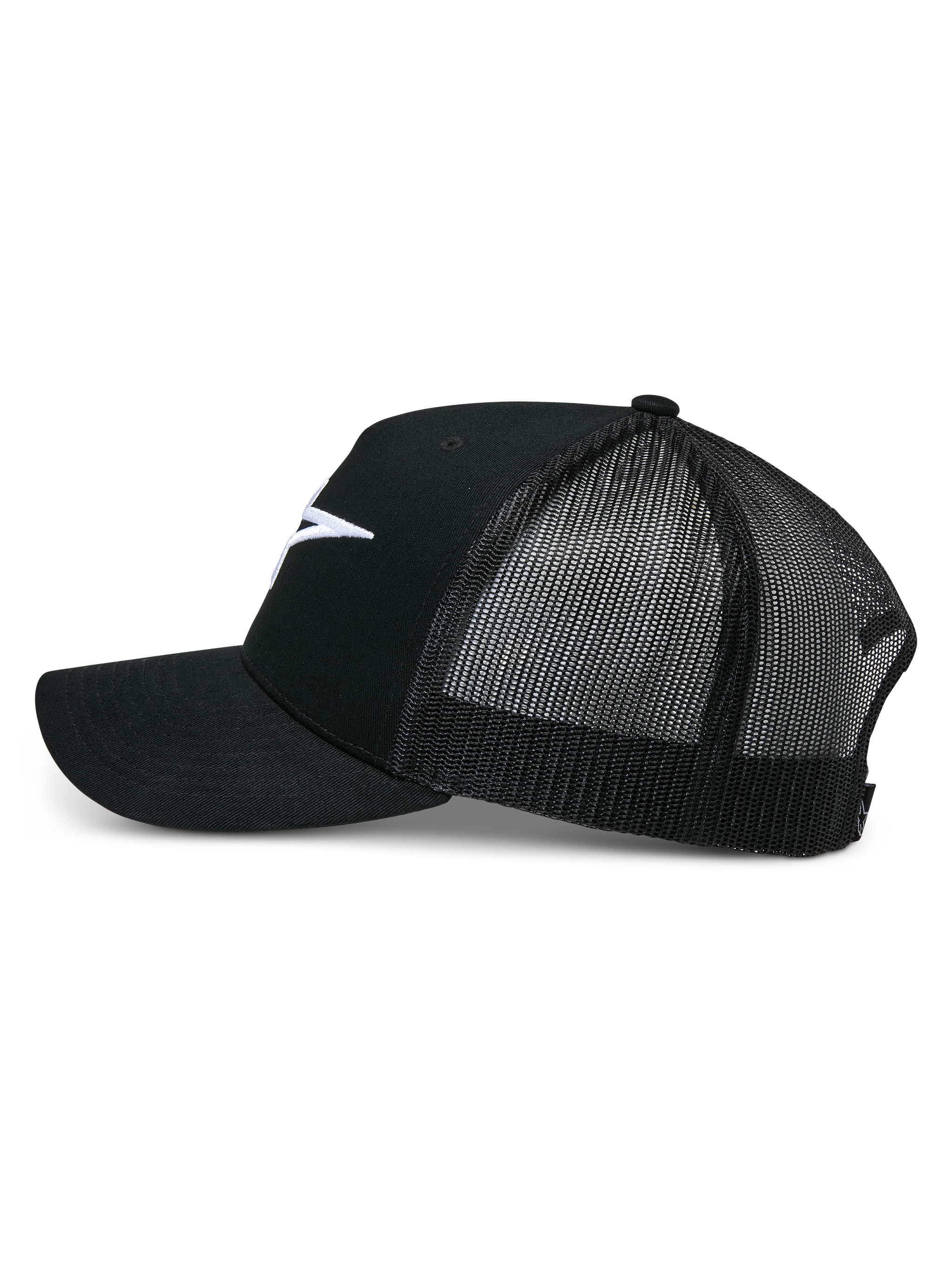Alpinestars Ageless Trucker Hat, Black, side profile view, structured cotton twill front with white embroidered Astars logo, breathable black mesh back, curved bill, casual motorsport headwear