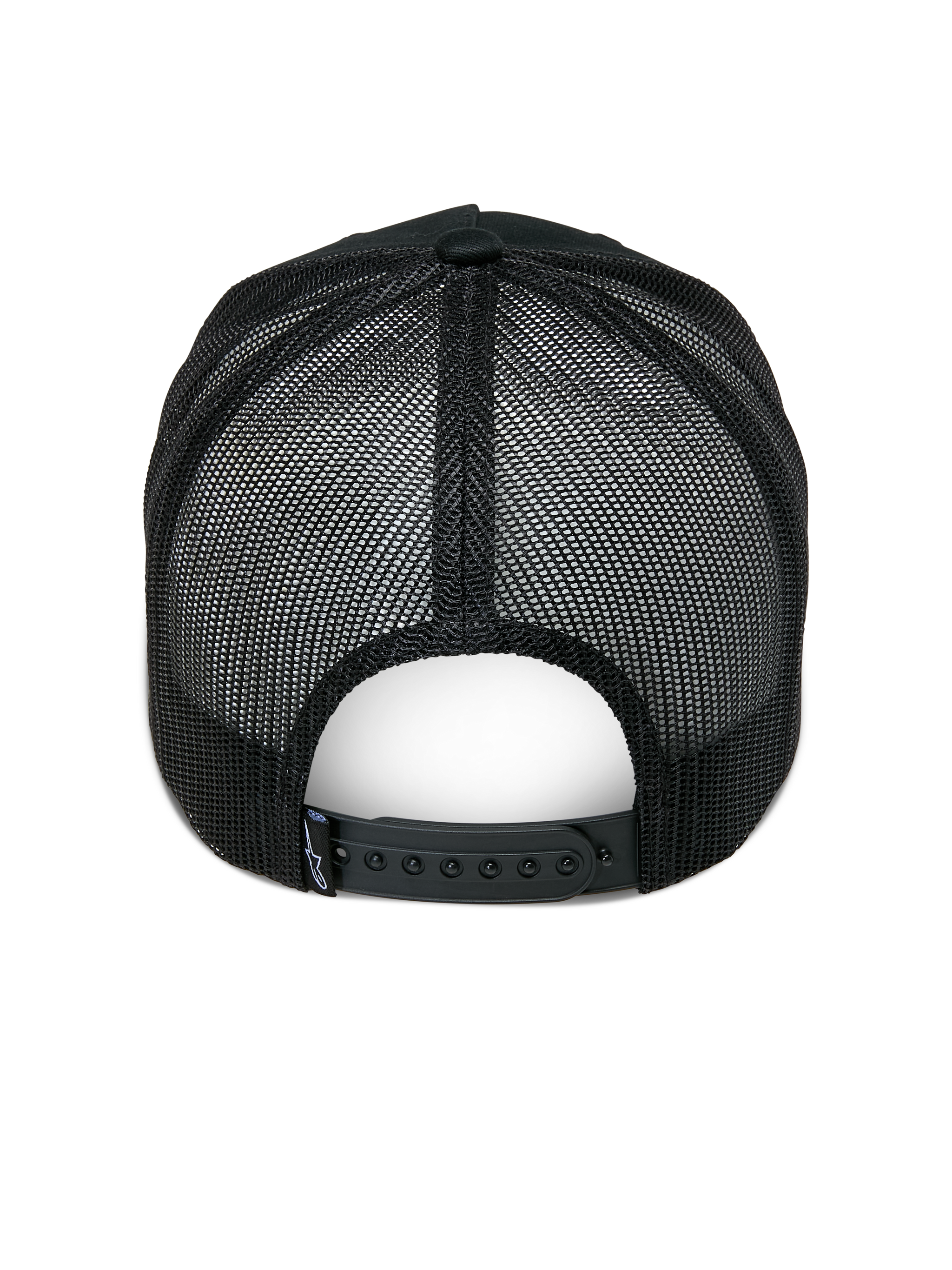 Alpinestars Ageless Trucker Hat, Black, Rear View, featuring black mesh back panels, adjustable snapback closure, and small Astars logo label on the back, casual motorsport-inspired headwear