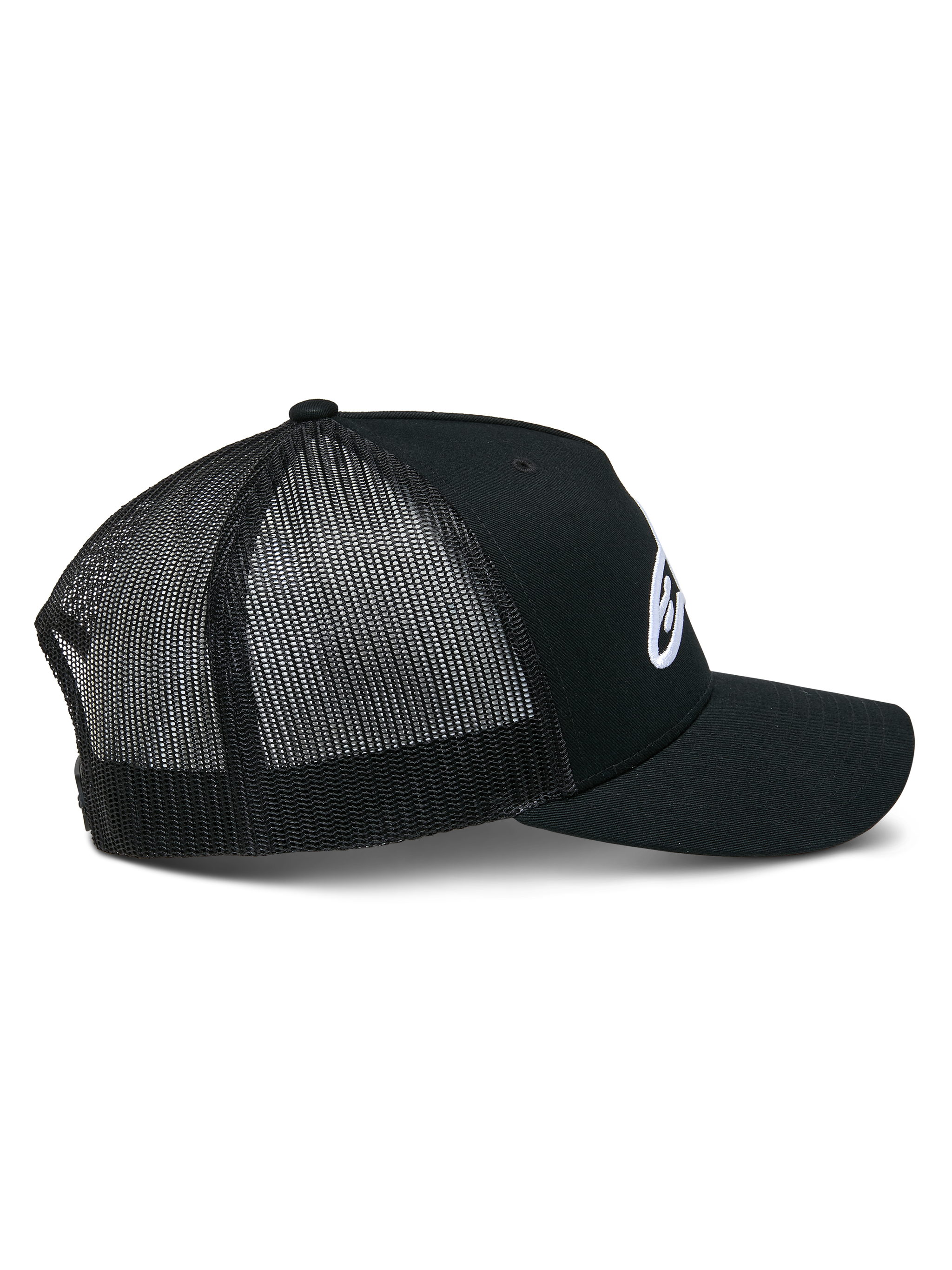 Alpinestars Ageless Trucker Hat, Black, side view showing structured crown and white embroidered Astars logo, curved bill, and breathable black poly mesh back panels.