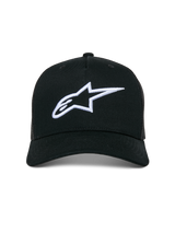Alpinestars Ageless Trucker Hat, Casual Trucker Cap, Black with White 3D Embroidered Astars Logo, featuring a curved bill and mesh back panels, motorsport-inspired streetwear