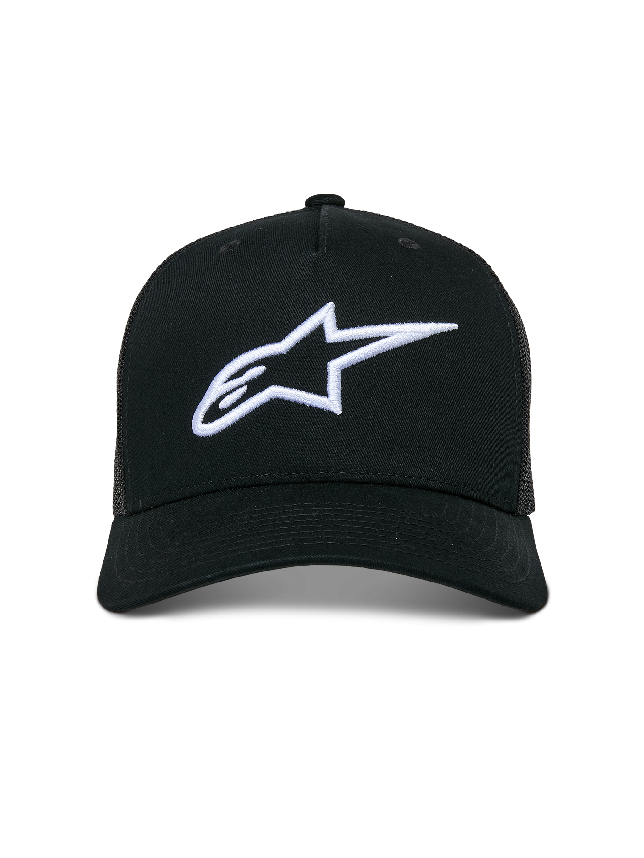 Alpinestars Ageless Trucker Hat, Casual Trucker Cap, Black with White 3D Embroidered Astars Logo, featuring a curved bill and mesh back panels, motorsport-inspired streetwear