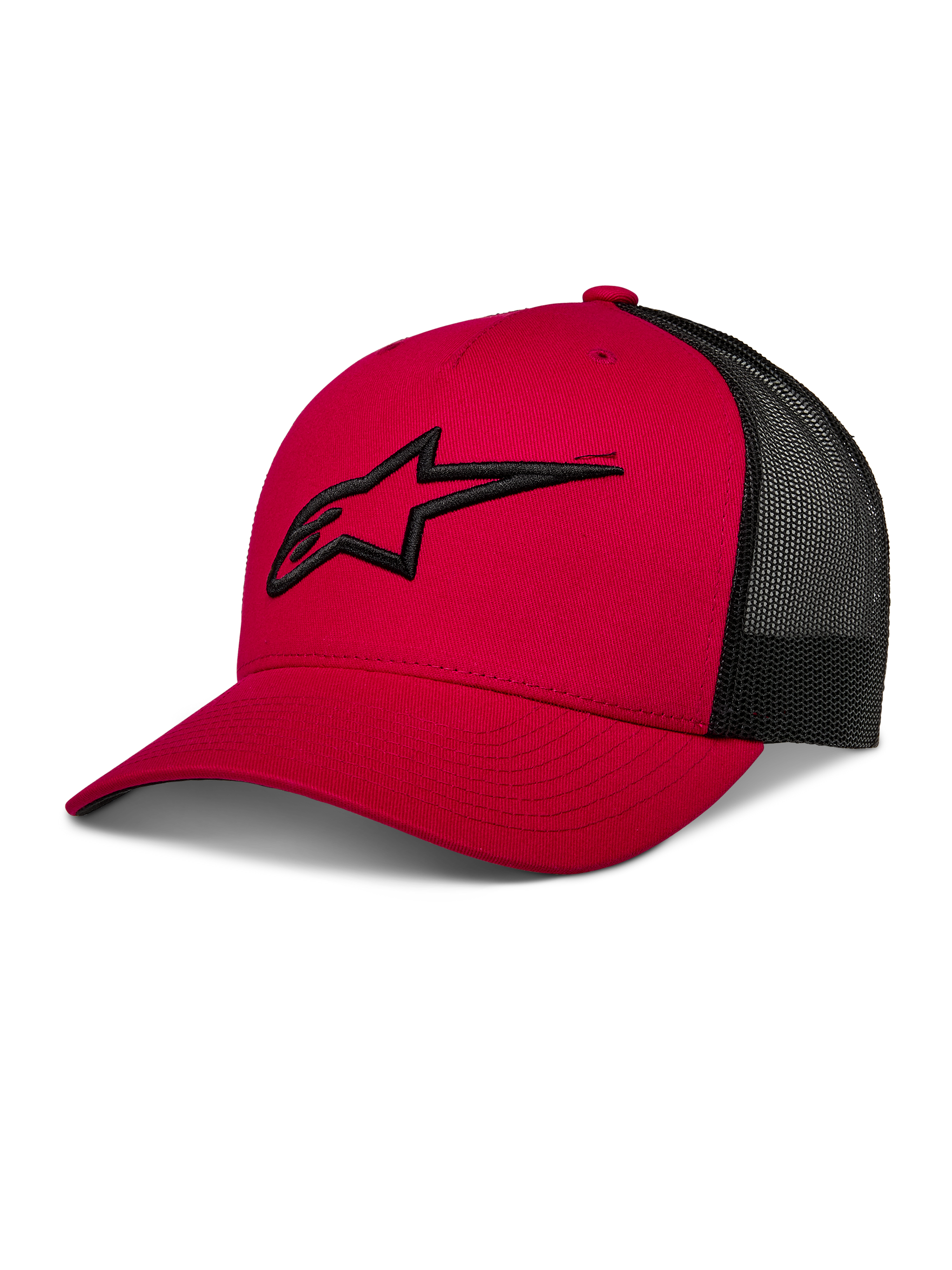 Alpinestars Ageless Trucker Hat, Red and Black, Mesh Back Baseball Cap, Curved Brim, 3D Embroidered Black Astars Logo, Structured Crown, Casual Motorsport Sportswear