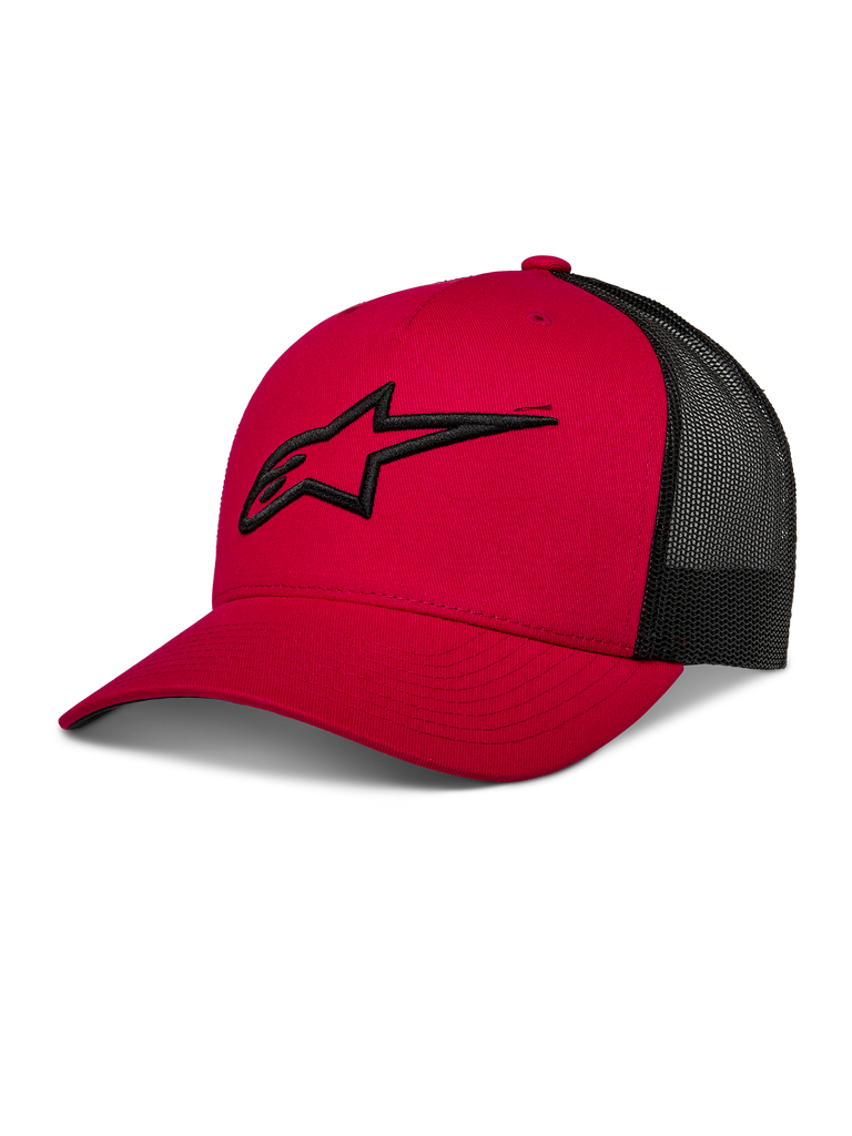 Alpinestars Ageless Trucker Hat, Red and Black, Mesh Back Baseball Cap, Curved Brim, 3D Embroidered Black Astars Logo, Structured Crown, Casual Motorsport Sportswear