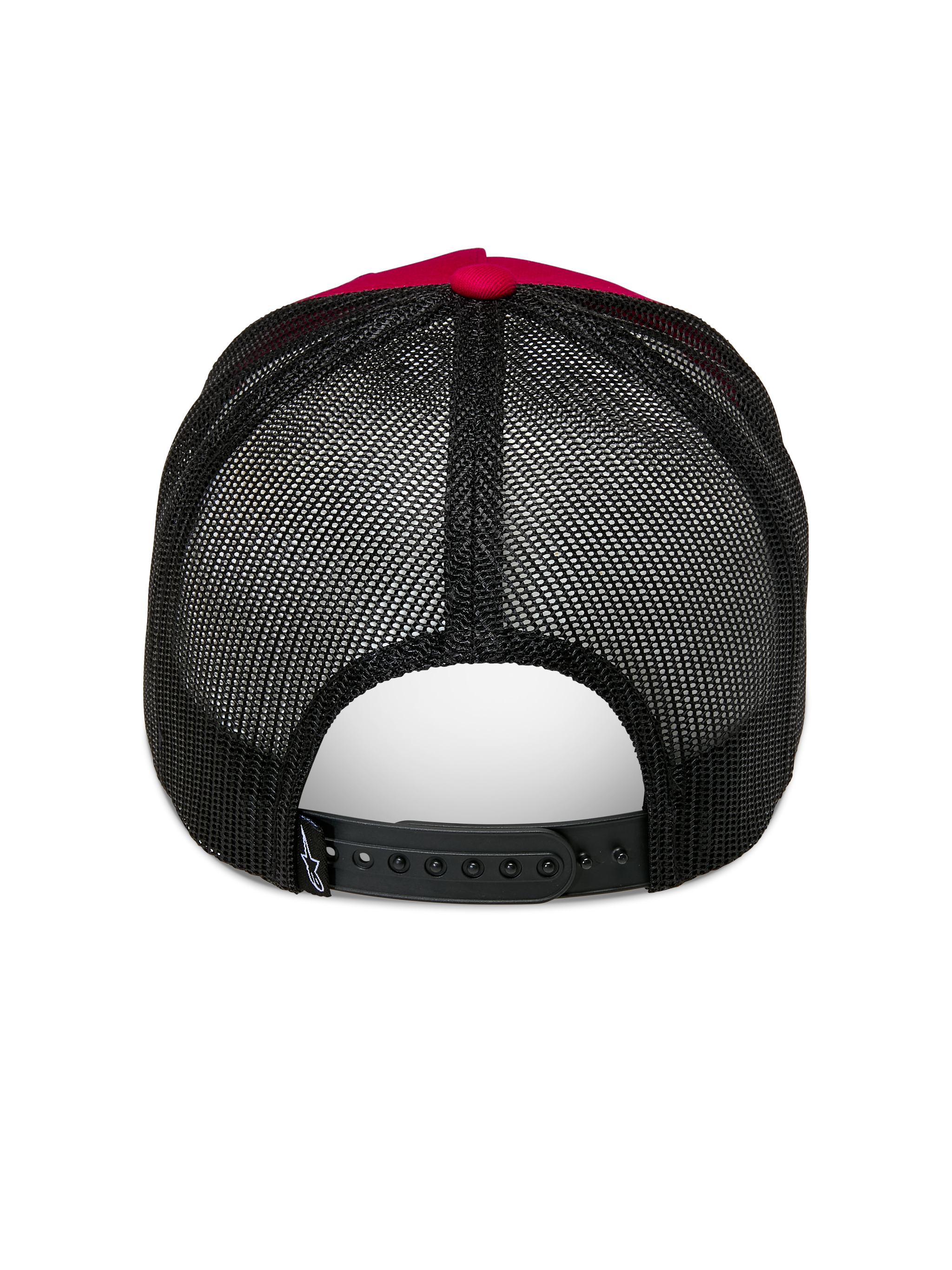 Alpinestars Ageless Trucker Hat, Red and Black, Rear view featuring black poly mesh back and adjustable snapback closure, Red top button and crown detail, Casual Motorsport Headwear