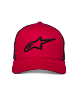 Alpinestars Ageless Trucker Hat, Red with Black Mesh Back, front 3D embroidered Astars logo in black, curved bill, casual motorsport-inspired headwear