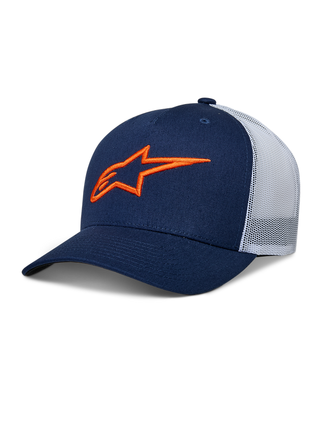 Alpinestars Ageless Trucker Hat, navy blue with white mesh back, orange embroidered star logo, curved bill, structured crown, casual motorsport headwear