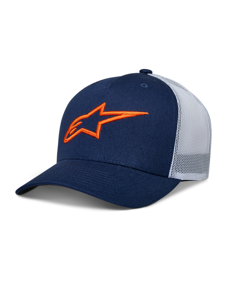 Alpinestars Ageless Trucker Hat, navy blue with white mesh back, orange embroidered star logo, curved bill, structured crown, casual motorsport headwear