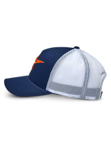 Alpinestars Ageless Trucker Hat, Navy Blue and White, side view profile, structured navy twill front with white poly mesh back, curved bill, featuring an orange 3D embroidered Astars logo, casual motorsport headwear