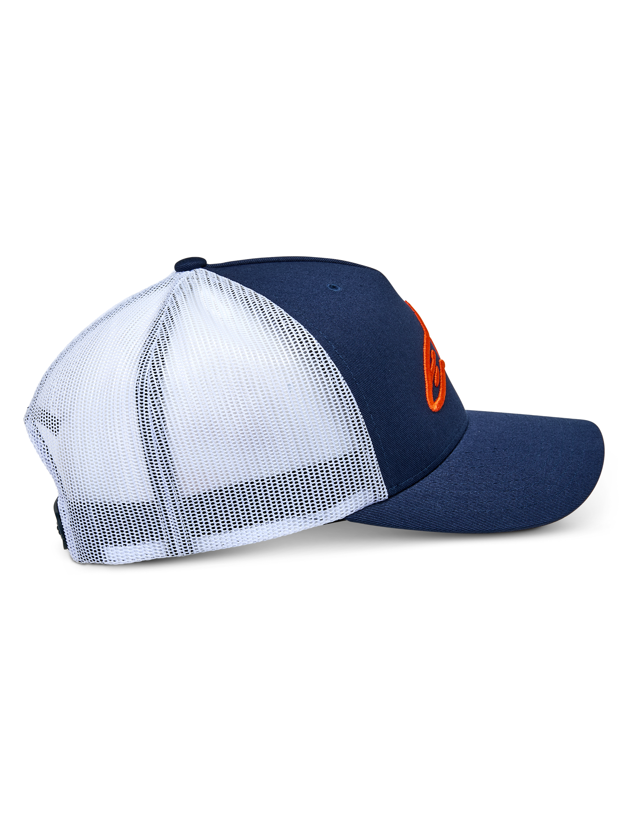 Alpinestars Ageless Trucker Hat, side profile view, Navy Blue and White, featuring a navy twill front and bill with breathable white mesh back, orange 3D embroidered Astars logo, casual motorsport-inspired headwear