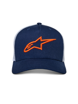 Alpinestars Ageless Trucker Hat, Navy Blue and White, front 3D embroidered orange Astars logo, structured crown with curved bill and poly mesh back, casual motorsport headwear