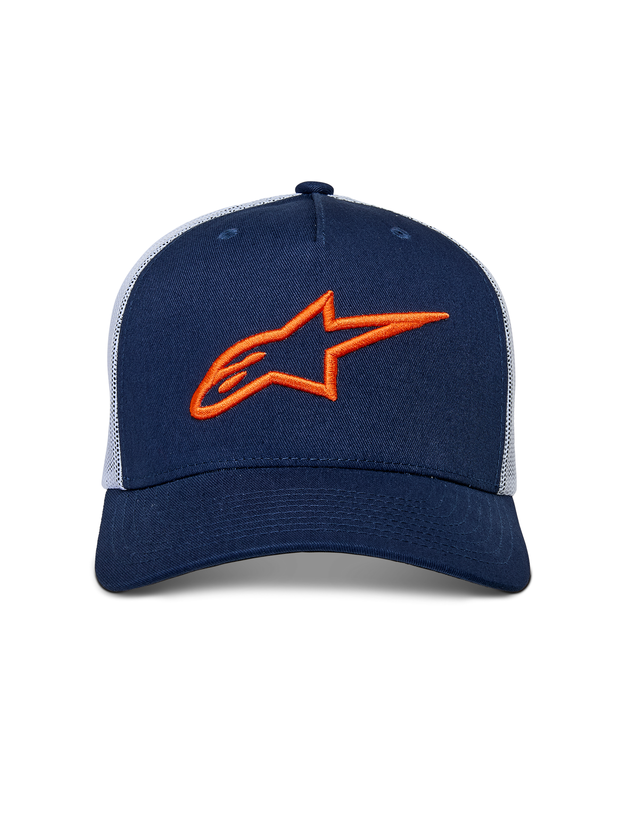 Alpinestars Ageless Trucker Hat, Navy Blue and White, front 3D embroidered orange Astars logo, structured crown with curved bill and poly mesh back, casual motorsport headwear