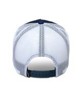 Alpinestars Ageless Trucker Hat, Navy Blue and White, Rear view showing the adjustable snapback closure and white mesh panels, classic trucker hat design with breathable back, casual motorsport-inspired headwear