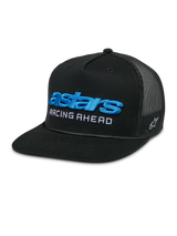 Alpinestars Notice Trucker Hat, Black snapback cap with mesh back and flat bill, featuring blue 3D embroidered 'astars' logo and white 'RACING AHEAD' text, structured crown with braided rope detail, casual motorsports-inspired style.