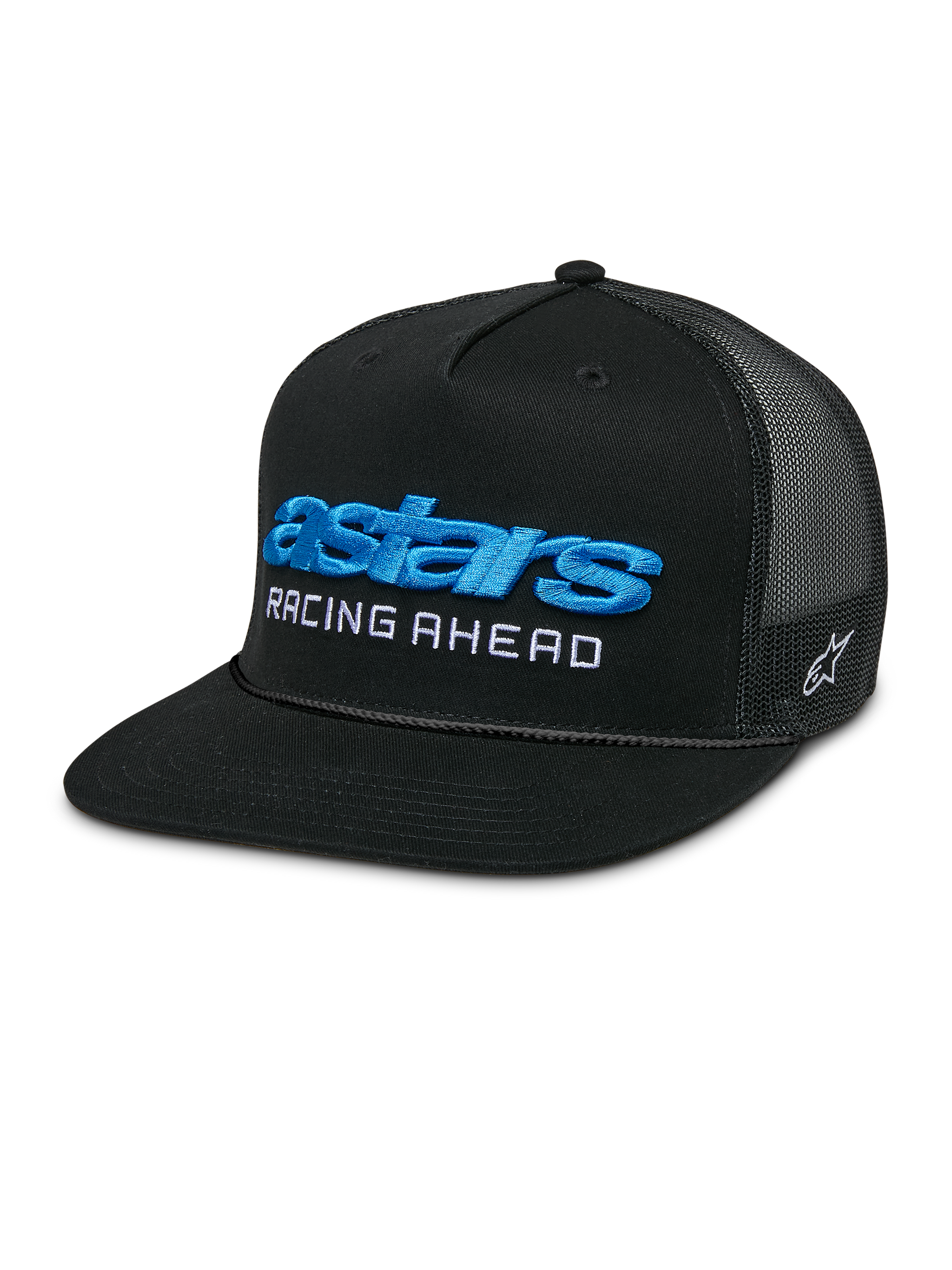 Alpinestars Notice Trucker Hat, Black snapback cap with mesh back and flat bill, featuring blue 3D embroidered 'astars' logo and white 'RACING AHEAD' text, structured crown with braided rope detail, casual motorsports-inspired style.