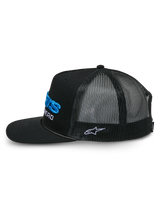 Alpinestars Notice Trucker Hat, side profile, Black with blue and white 3D embroidery, flat bill with braided rope detail, structured crown, poly mesh back, casual motorsport streetwear