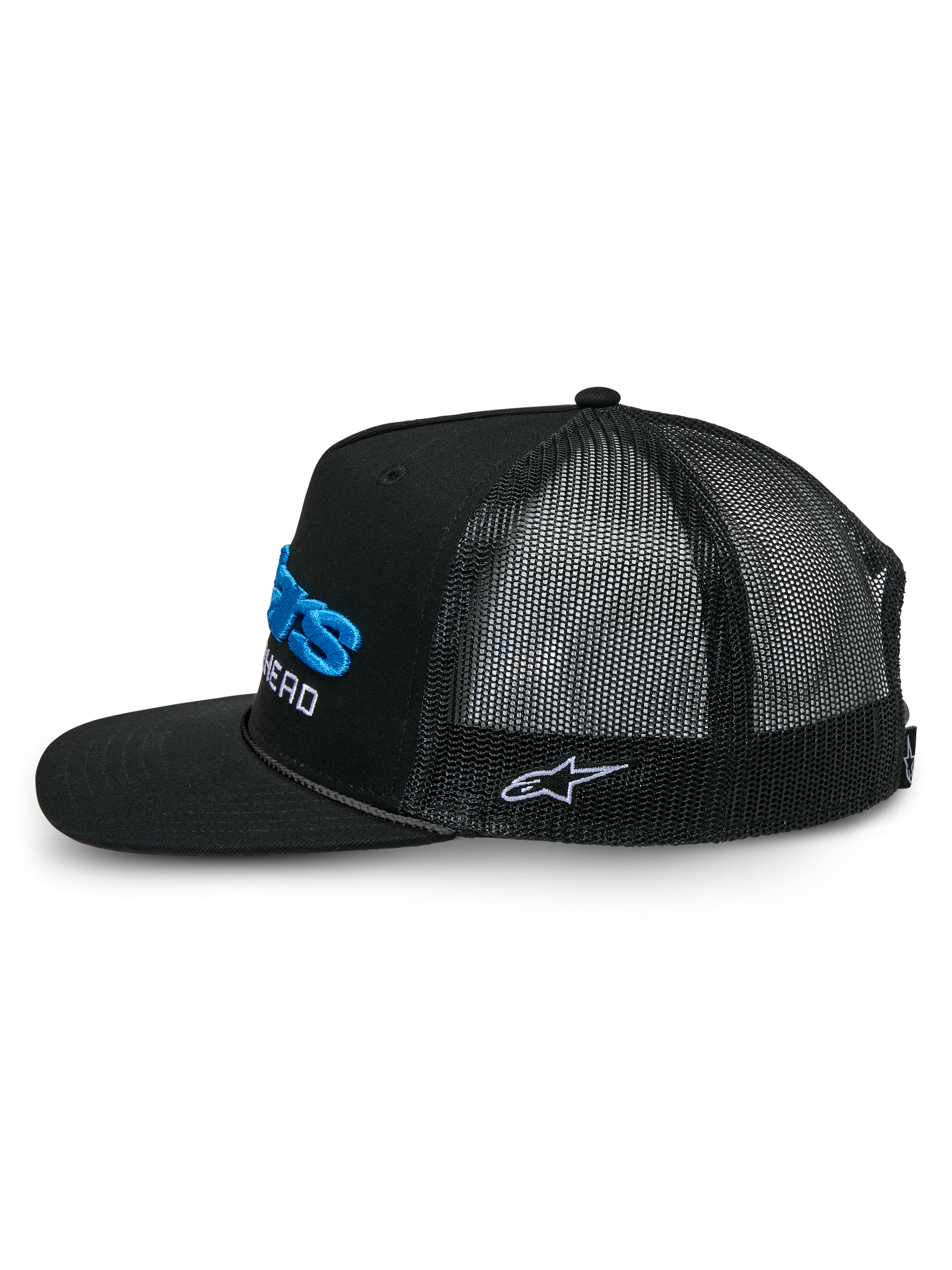 Alpinestars Notice Trucker Hat, side profile, Black with blue and white 3D embroidery, flat bill with braided rope detail, structured crown, poly mesh back, casual motorsport streetwear