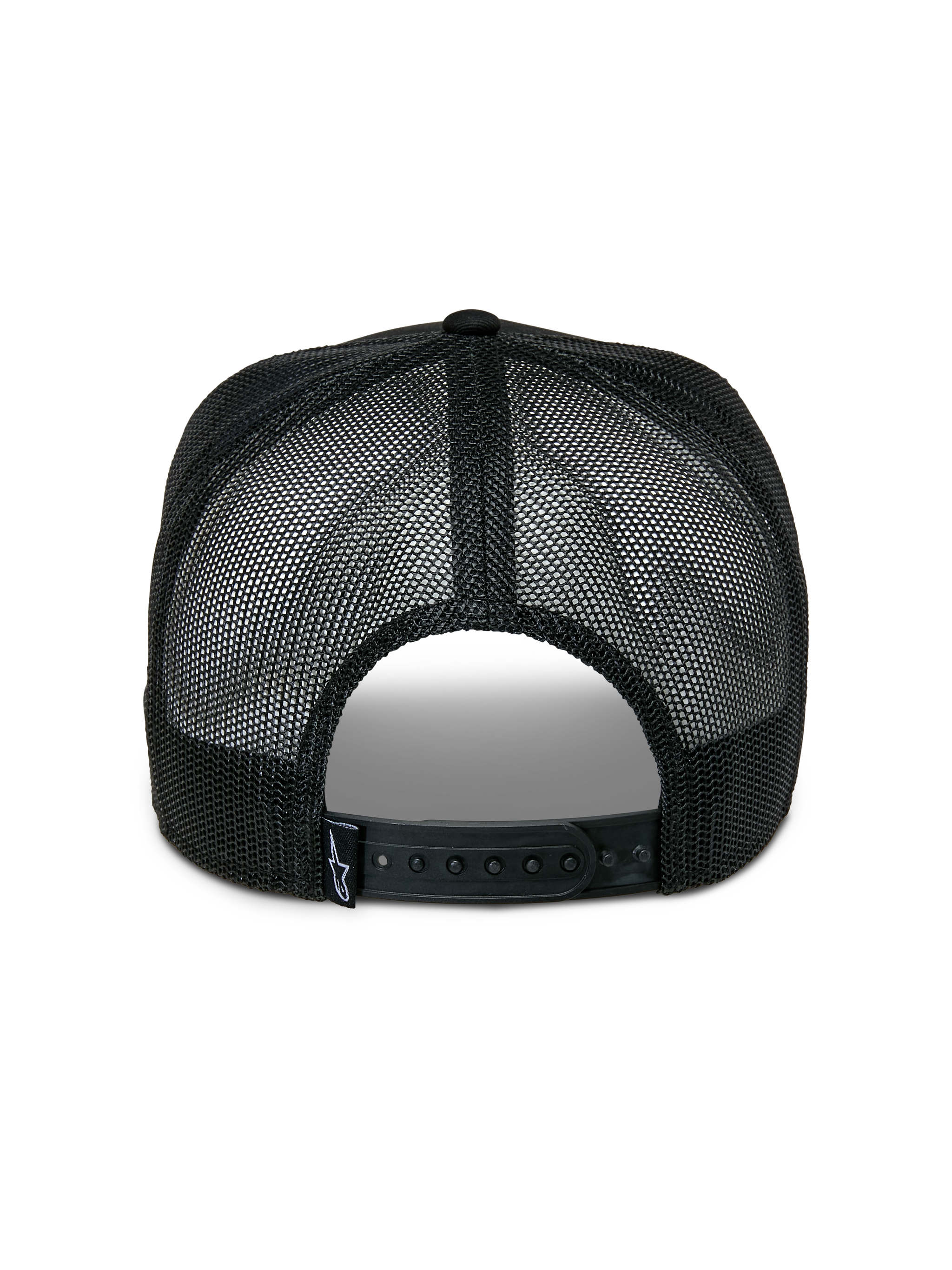 Alpinestars Notice Trucker Hat, Casual Sportswear, Black, Back View featuring Poly Mesh Panels, Adjustable Snapback Closure, and Woven Logo Label