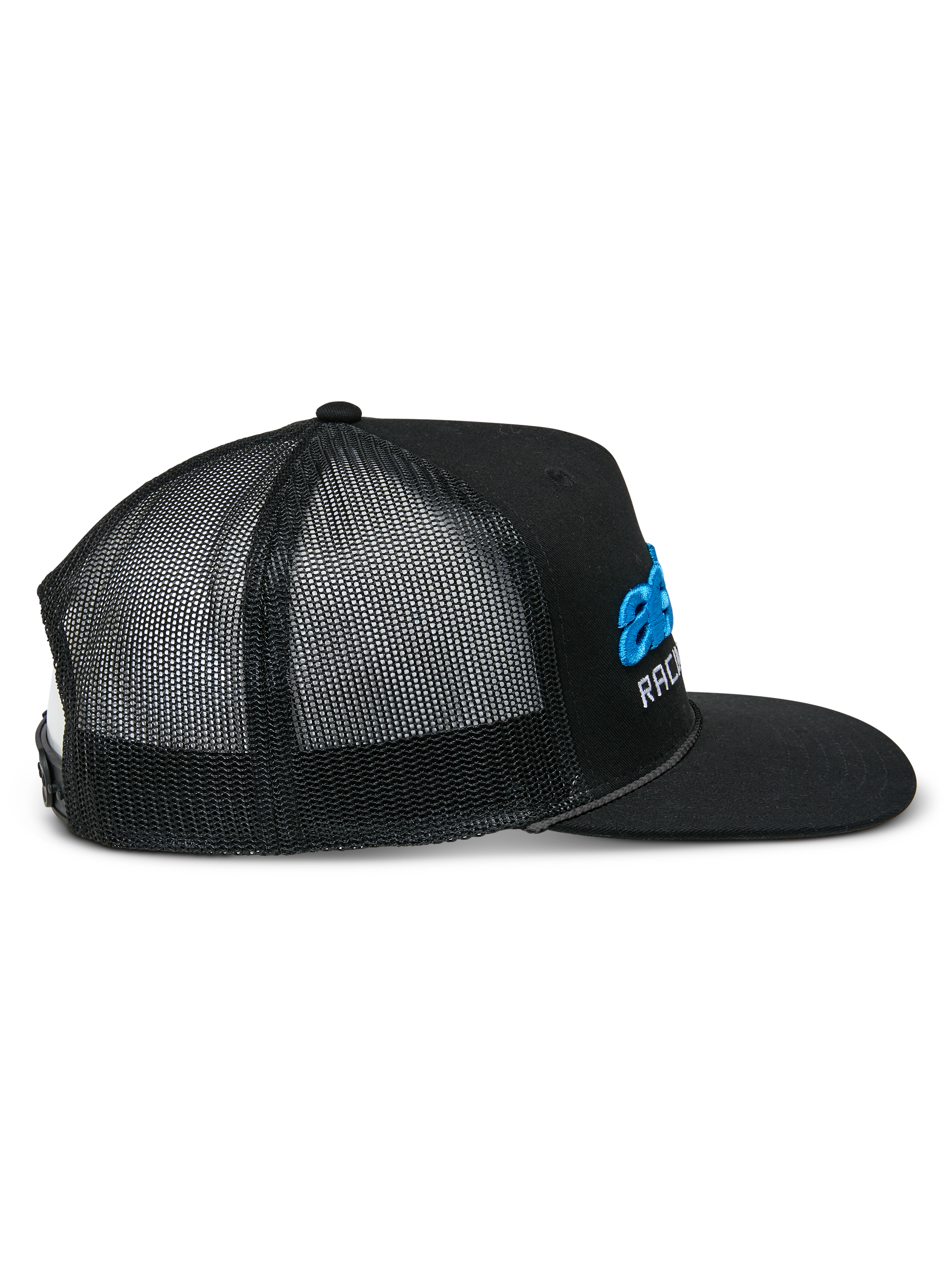 Alpinestars Notice Trucker Hat, side profile view, black twill front with black poly mesh back, blue 3D embroidered logo and white text on the front, flat bill with braided rope detail, casual motorsport headwear