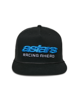 Alpinestars Notice Trucker Hat, Black Snapback Cap, Blue 3D Astars Embroidery and White Racing Ahead Text, Braided Rope Detail, Flat Bill and Mesh Back, Casual Motorsport Streetwear