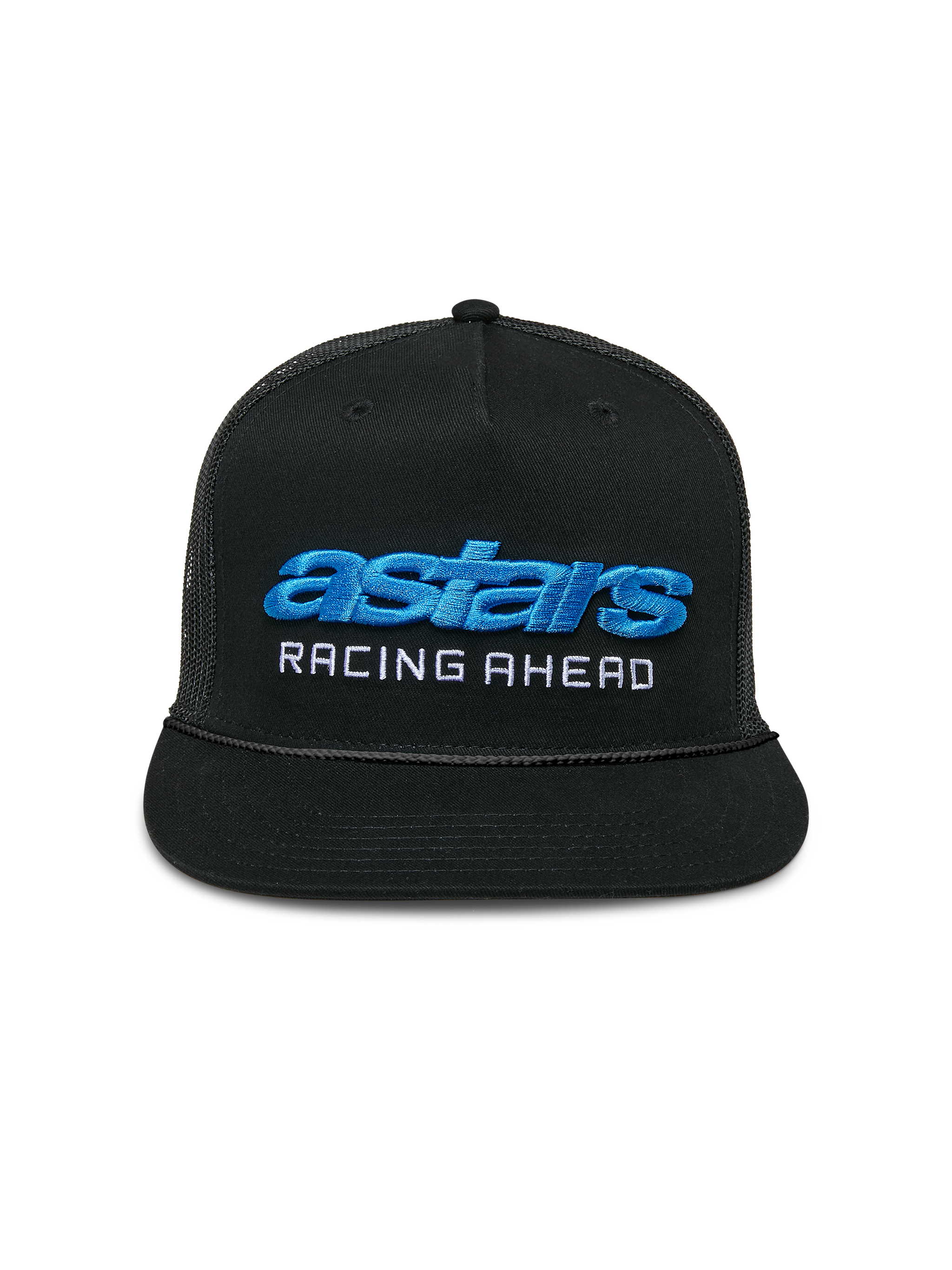 Alpinestars Notice Trucker Hat, Black Snapback Cap, Blue 3D Astars Embroidery and White Racing Ahead Text, Braided Rope Detail, Flat Bill and Mesh Back, Casual Motorsport Streetwear