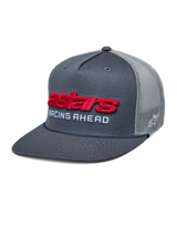Alpinestars Notice Trucker Hat, Charcoal Gray and Light Gray Mesh, Red 3D Astars Logo with White 'RACING AHEAD' Text, Flat Bill with Braided Rope, Casual Motorsport-Inspired Headwear