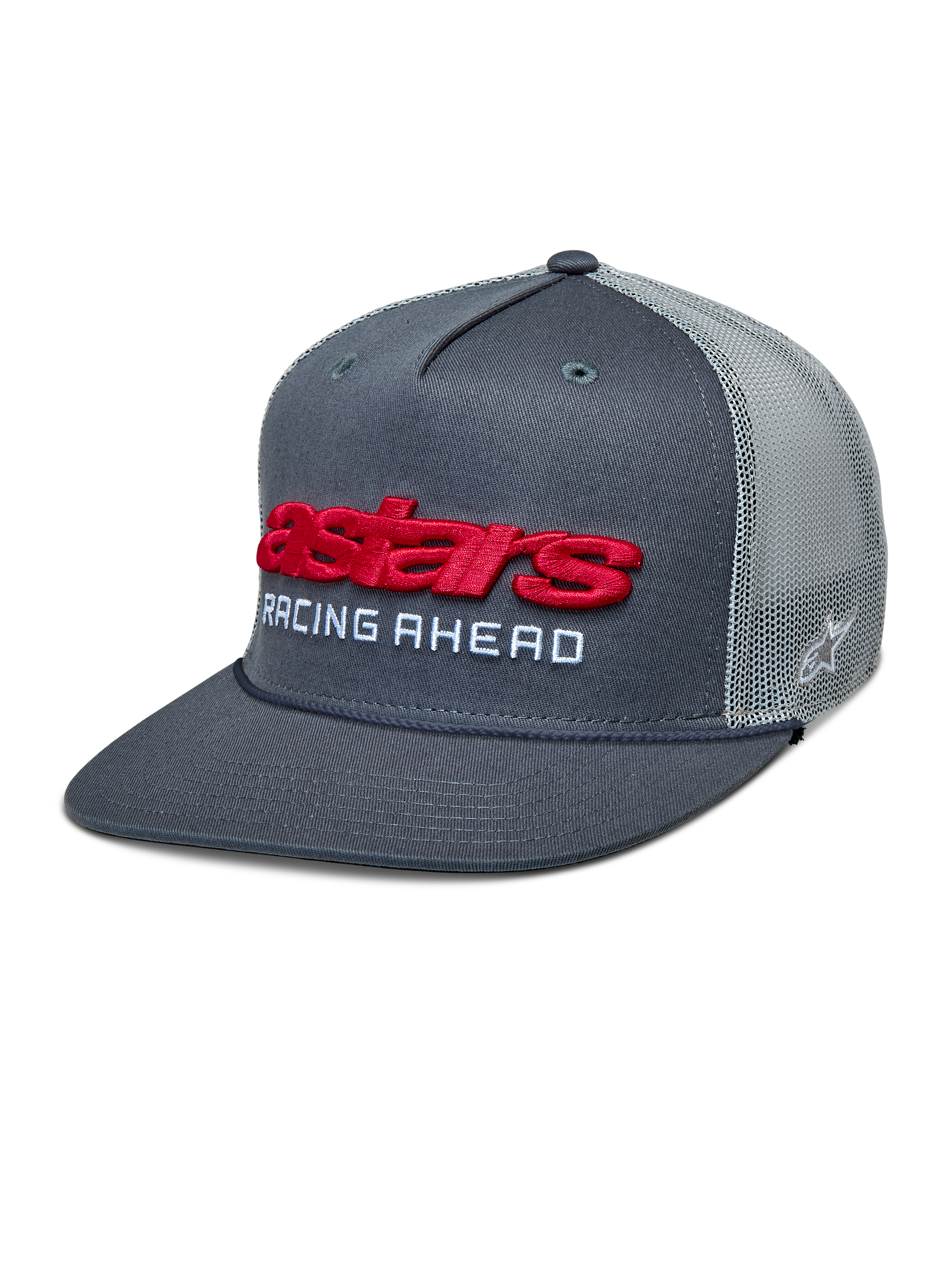 Alpinestars Notice Trucker Hat, Charcoal Gray and Light Gray Mesh, Red 3D Astars Logo with White 'RACING AHEAD' Text, Flat Bill with Braided Rope, Casual Motorsport-Inspired Headwear