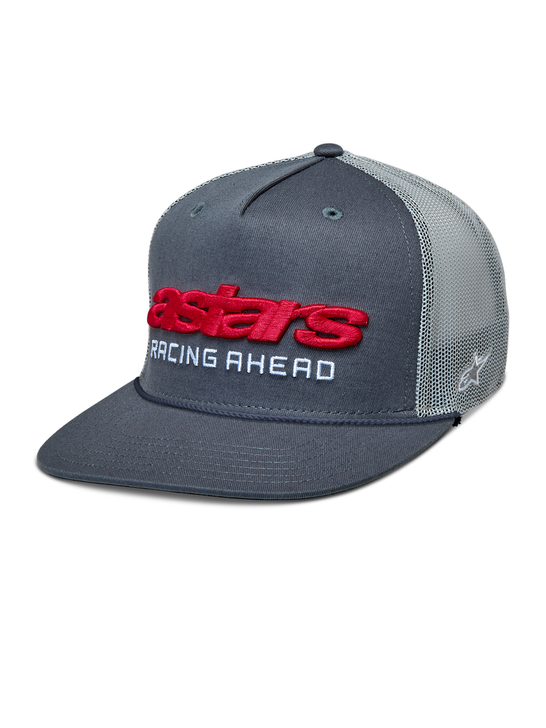 Alpinestars Notice Trucker Hat, Charcoal Gray and Light Gray Mesh, Red 3D Astars Logo with White 'RACING AHEAD' Text, Flat Bill with Braided Rope, Casual Motorsport-Inspired Headwear