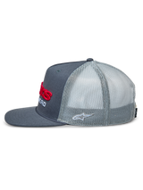 Alpinestars Notice Trucker Hat, side view, charcoal dark gray twill front with light gray mesh back, flat bill, red 3D embroidered front logo and silver Astars side logo, casual motorsport-inspired snapback cap