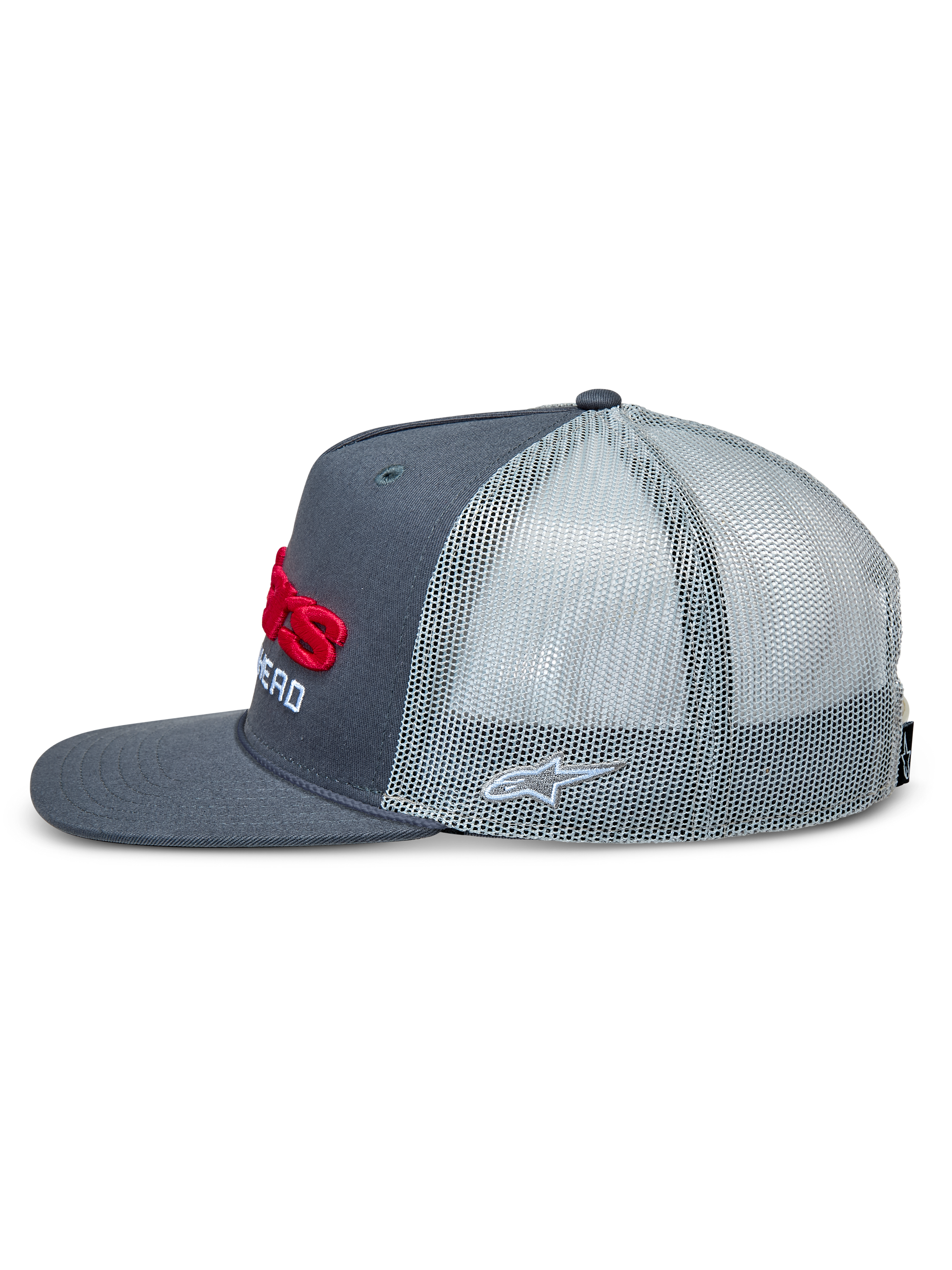 Alpinestars Notice Trucker Hat, side view, charcoal dark gray twill front with light gray mesh back, flat bill, red 3D embroidered front logo and silver Astars side logo, casual motorsport-inspired snapback cap