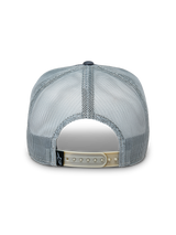 Alpinestars Notice Trucker Hat, Charcoal Gray, back view featuring poly mesh panels and an adjustable tan snapback closure with a small Alpinestars logo label, casual motorsport headwear