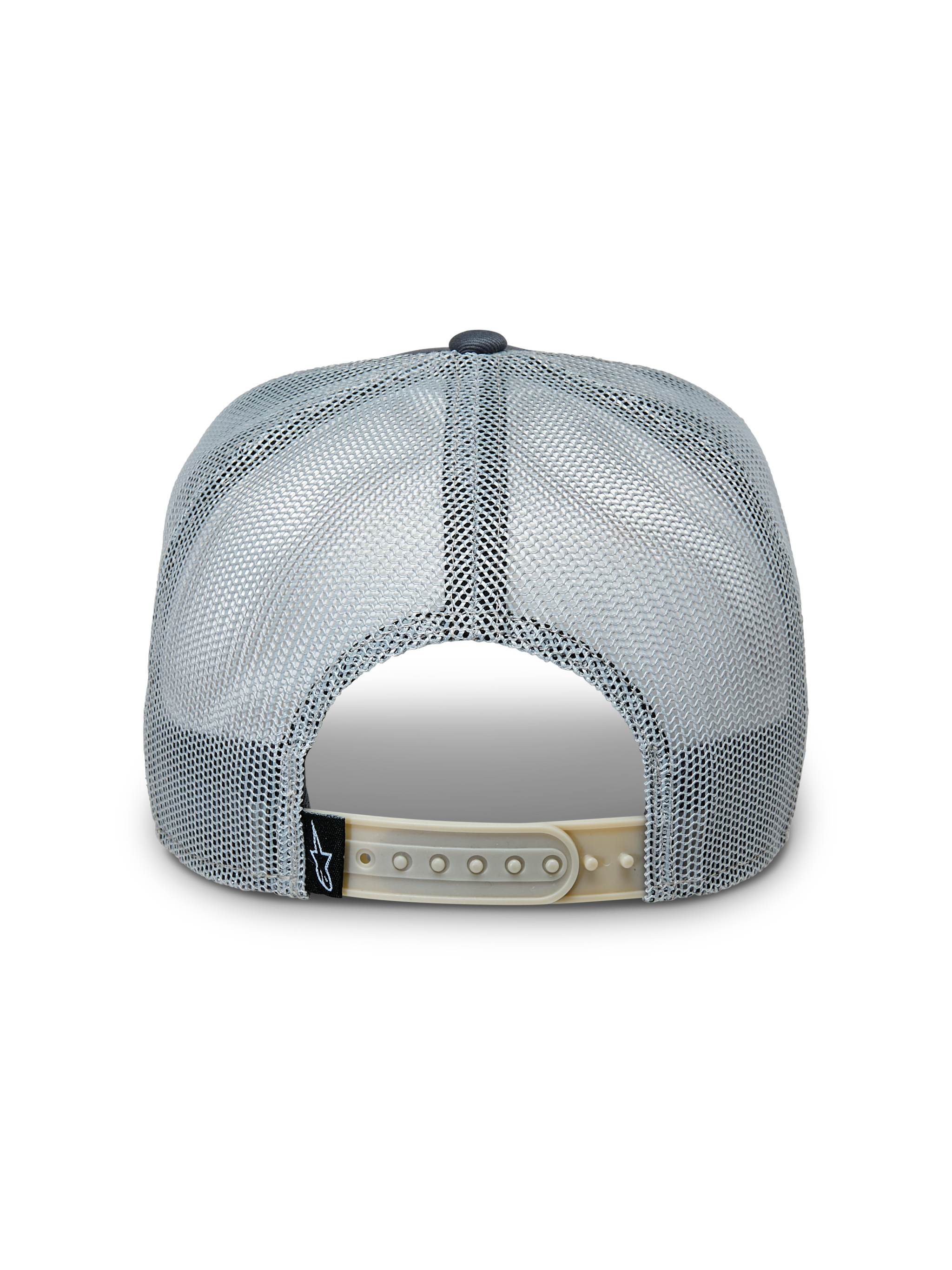 Alpinestars Notice Trucker Hat, Charcoal Gray, back view featuring poly mesh panels and an adjustable tan snapback closure with a small Alpinestars logo label, casual motorsport headwear