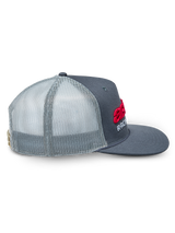 Alpinestars Notice Trucker Hat, Charcoal and Light Gray, side profile view, featuring red 3D Astars logo and white Racing embroidery, flat bill, mesh back, casual motorsport-inspired headwear